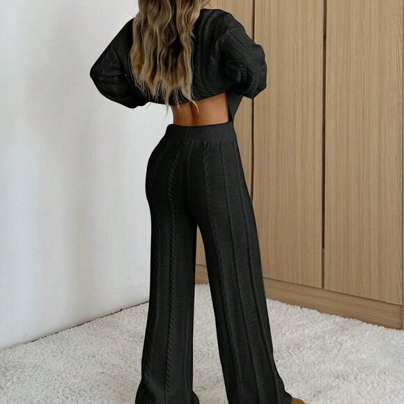 Black Casual Women's Round Neck Long Sleeve Top And Pants Set - Picture 2 of 4
